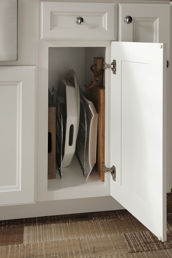 base tray divider cabinet in grey open with cutting board and baking trays inside