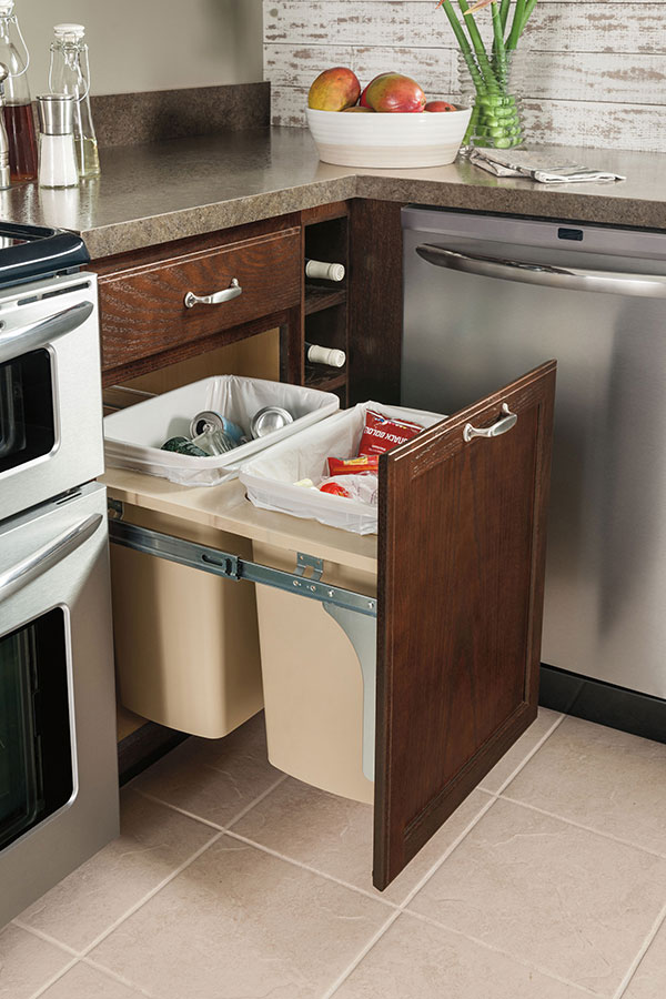 base wastebasket cabinet opened with two full trash cans inside